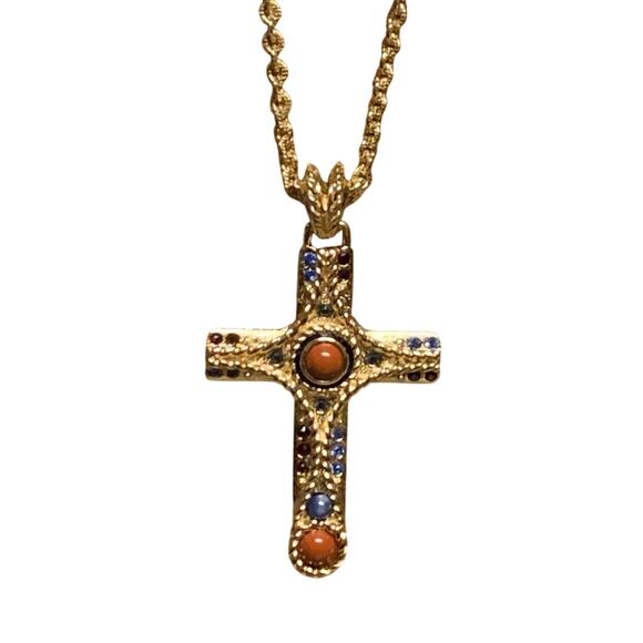 Camrose & Kross JBK Cross Necklace Gold w/ Blue & Red Stones/Crystals 20 Inches - Picture 2 of 12